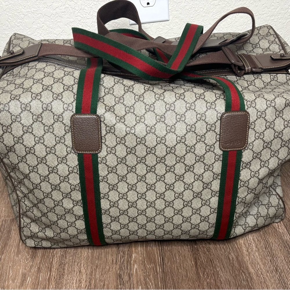Gucci Cream and Brown Duffel Bag with Iconic GG Monogram